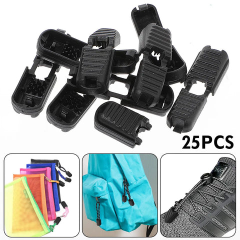 25 Pack Zipper Pull Tabs And Cord Ends For Shoelaces And Gear Fixes, Black Plastic Ends For Ropes Under 3.5mm shown with uses
