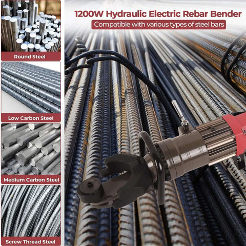 Powerhouse 1200W Electric Hydraulic Rebar Bender Tool with rebar varieties background