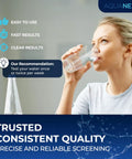 Woman drinking water with text overlay for 21 Parameter Drinking Water Test Strips Kit With 125 Plus 20 Strips And 2 Coliform Bacteria Tests.