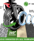 Close-up of 8-inch wheel with built-in brake and double bearings from Double Decker Beach Wagon With Big Wheels For Sand Heavy Duty Collapsible Cart Tailgate Access 500 Lbs Capacity Foldable Utility Cart For Beach Camping And Outdoor Fun.