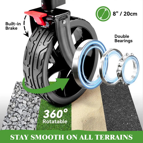 Close-up of 8-inch wheel with built-in brake and double bearings from Double Decker Beach Wagon With Big Wheels For Sand Heavy Duty Collapsible Cart Tailgate Access 500 Lbs Capacity Foldable Utility Cart For Beach Camping And Outdoor Fun.
