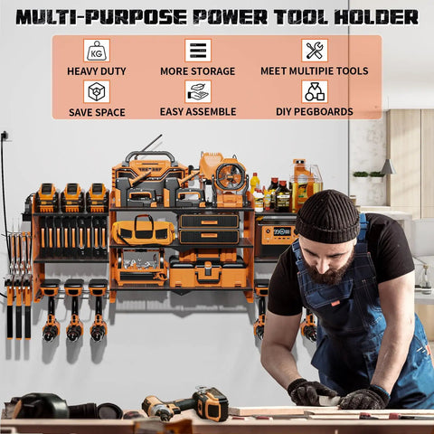 Tough As Nails Power Tool Organizer Wall Mount With Charging Station, 3 Layer Racks, 8 Cordless Drill Holders, 4 Hooks in workshop