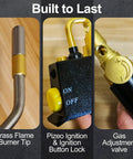 Close-up of Push Button Propane Torch Head with brass tip, ignition lock, and gas valve, for soldering brazing wood burning sous vide projects