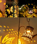 Upgraded Solar Watering Can With Lights Outdoor Hanging Lantern projecting butterfly patterns, 70cm, metal, night garden use.