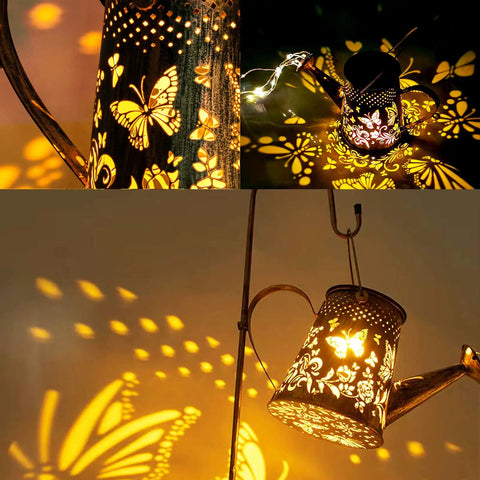 Upgraded Solar Watering Can With Lights Outdoor Hanging Lantern projecting butterfly patterns, 70cm, metal, night garden use.