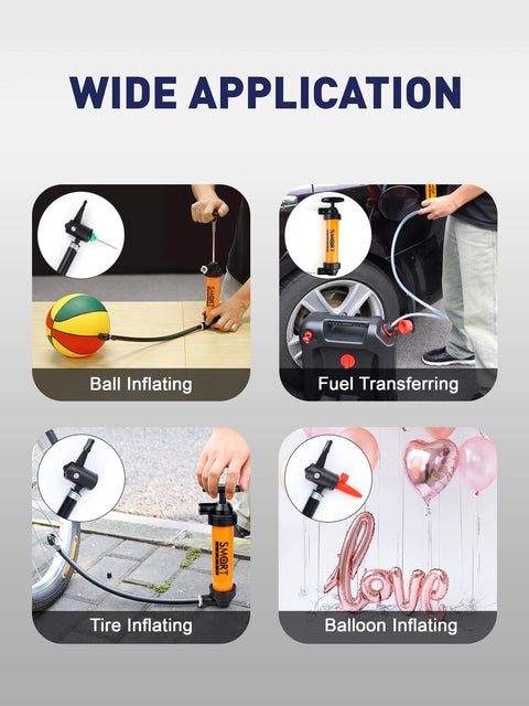 SMART JERRY siphon pump for auto fluids; four apps: ball inflating, tire inflating, balloon inflating, fuel transfer.