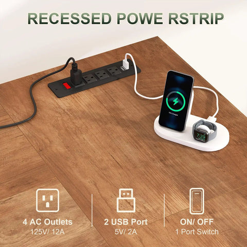 Recessed power strip with four AC outlets and two USB ports on wooden desk, ideal for No Sweat 66 Inch Farmhouse L Shaped Standing Desk.