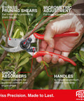 F2 Pruning Shears 9 Inch Swiss Made Garden Clippers With Precision Bypass Blade cutting branches in garden