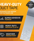 Heavy-duty silver duct tape roll with super adhesive power, heavy duty woven cloth, and weather resistance features.