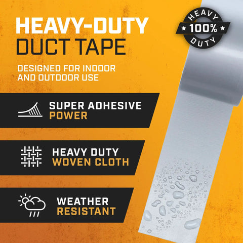 Heavy-duty silver duct tape roll with super adhesive power, heavy duty woven cloth, and weather resistance features.