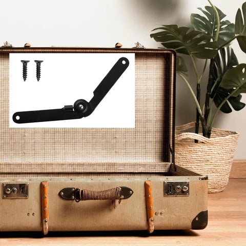 4 Pack 9 Inch 180 Degree Rotatable Folding Lid Support Hinges Black Heavy Duty Iron Construction For Cabinets Boxes Chests Durable Anti Rust Finish displayed in open suitcase