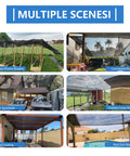 Various applications of 40 By 50 Feet Black Shade Cloth Mesh Tarp With Grommets For Outdoor Patio, showing multiple scene uses.