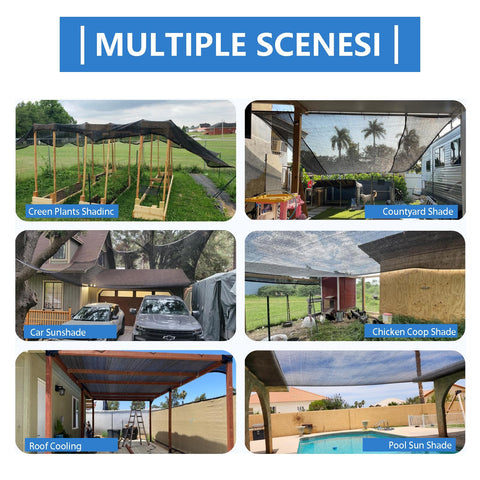 Various applications of 40 By 50 Feet Black Shade Cloth Mesh Tarp With Grommets For Outdoor Patio, showing multiple scene uses.