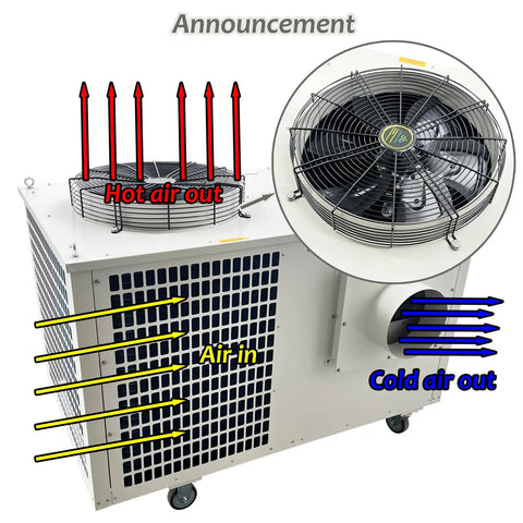 Heavy Duty Industrial Spot Cooler Packs 61K Btu Of Killer Cooling Power And 2900 Cubic Meter Per Hour Airflow with fan and air ducts.