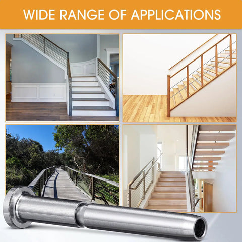 Image showing applications of 80 Pack Invisible Cable Railing Kit With Stainless Steel Three Sixteenth Inch Receiver And Swage Stud End Swage Tensioner One Eighth Inch For Wood And Metal Posts Hardware Silver across a variety of interior and exterior staircases and decks.