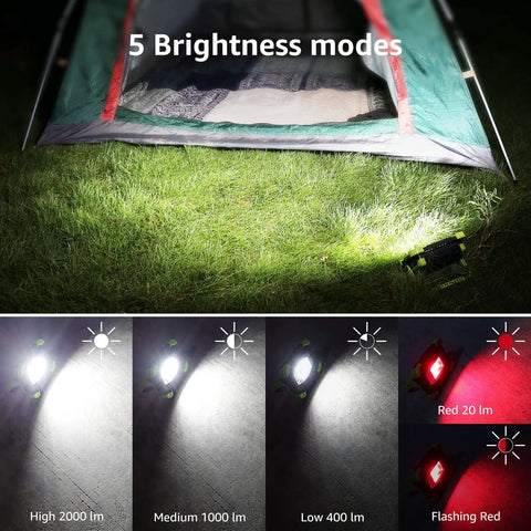 Portable LED Work Light 20W Rechargeable Flood Light With Built In Power Bank For Hiking Camping Auto Repair Workshop And More Dual Use Flashlight 5 Modes displayed in use at a campsite