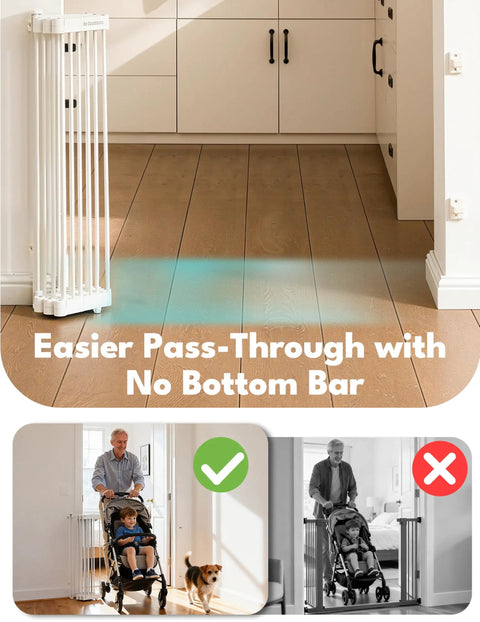 Heavy Duty Metal Retractable Pet Gate For Doorways And Stairs With Auto Close Design Straight Up Secure Dog Barrier Expands To 38 Inches Wide No Bottom Bar Classic White, shown in home entryway with clear pass-through.