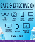 Ultra Clarity lens cleaning spray set with blue bottles and microfiber cloths on blue gradient background