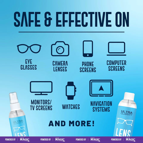 Ultra Clarity lens cleaning spray set with blue bottles and microfiber cloths on blue gradient background