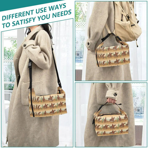 Three views of Cowboy Themed Lunch Bag Insulated Tote for everyday grub, featuring adjustable strap, hand and shoulder carry.