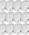 No Sweat Setup 12 Pack Hardwired Smoke And Carbon Monoxide Detector Combo featuring white round units for ceiling or wall mounting.