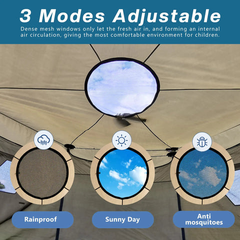 Interior view of 16 Foot Trampoline Tent Cover with mesh windows for ventilation, suitable for weatherproof outdoor play.