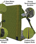 HEX 2.0 No Frills Outdoor Chair For Camping And Stadium Seating With All Terrain Comfort Adjustable Straps Ultra Compact And Water Resistant Easy To Carry Olive And Slate Color, showing water repellency, strong buckles, reinforced hinges, and carbon fiber support.