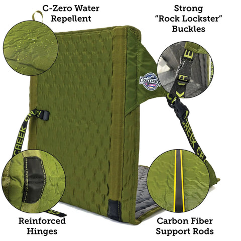 HEX 2.0 No Frills Outdoor Chair For Camping And Stadium Seating With All Terrain Comfort Adjustable Straps Ultra Compact And Water Resistant Easy To Carry Olive And Slate Color, showing water repellency, strong buckles, reinforced hinges, and carbon fiber support.