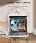 Sleek Countertop Dishwasher With Smart Delay Timer And Space Saving Design For Modern Home Kitchens showing delayed wash function and glasses.