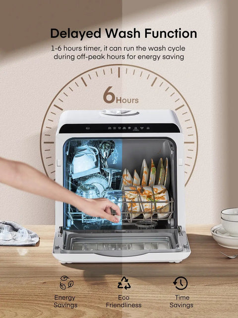 Sleek Countertop Dishwasher With Smart Delay Timer And Space Saving Design For Modern Home Kitchens showing delayed wash function and glasses.