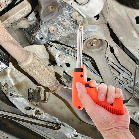 All In One Plastic Welding Tool Kit For Cars in use on vehicle undercarriage, highlighting fast plastic and iron part repairs