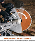 R14DCT 14 Inch Electric Concrete Saw With High Torque 20 Amp Motor in use, showing 14 Inch Diamond Blade and rotating guard