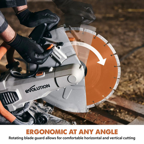 R14DCT 14 Inch Electric Concrete Saw With High Torque 20 Amp Motor in use, showing 14 Inch Diamond Blade and rotating guard