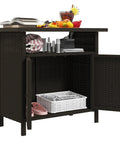 Wicker Outdoor Storage Cabinet With Rattan Bar Table And Two Doors, Open Shelf, 46.6 Gallon Enclosed Storage, Weatherproof Poolside Buffet Console With A Metal Slatted Countertop For Patio Backyard Dark Coffee Finish