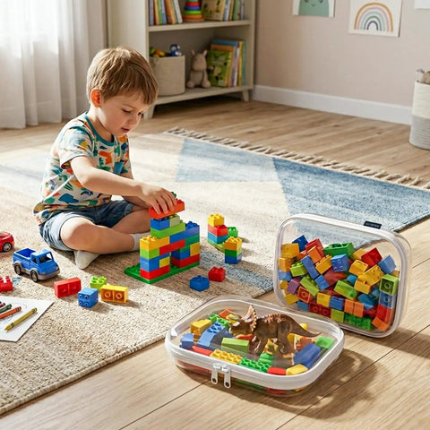 Child playing with building blocks stored in Three Pack Clear Hard Plastic Zipper Case Waterproof Cosmetic Bag Transparent Stackable Storage Organizer Box For Travel Toiletries And Makeup, Great For Toys, Art Supplies, Craft Kits, Hobby Storage And Small Gear, visible in a room.