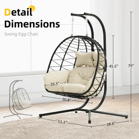 Egg Chair With Stand Hammock Swing Chair Foldable Hanging Loveseat in living room, dimensions shown, supports up to 700 lbs