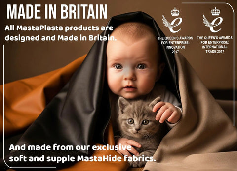 Baby and cat wrapped in MastaPlasta fabric, Made in Britain, showcasing soft MastaHide materials with award logos visible.