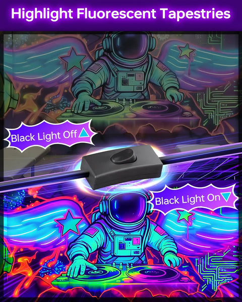 Two Pack 36W Black Light Bar Kit with plug and switch highlighting fluorescent tapestry with UV glow effect on and off