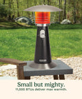 Portable Tabletop Propane Patio Heater With 11,000 BTU Power Adjustable Heat Safety Tilt Switch Burner Screen Guard Heats Up To 30 Sq Ft Black Outdoor Heater For Chill Nights outdoors on table