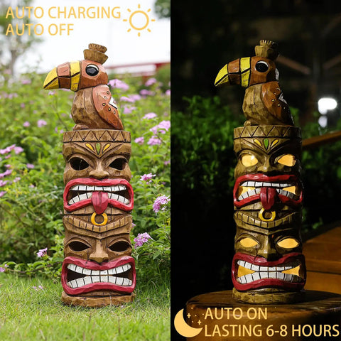 Outdoor Tiki Statue Decoration Solar Garden Figurine With Woodpecker On Top Waterproof Yard Lawn Decor That Glows After Sunset