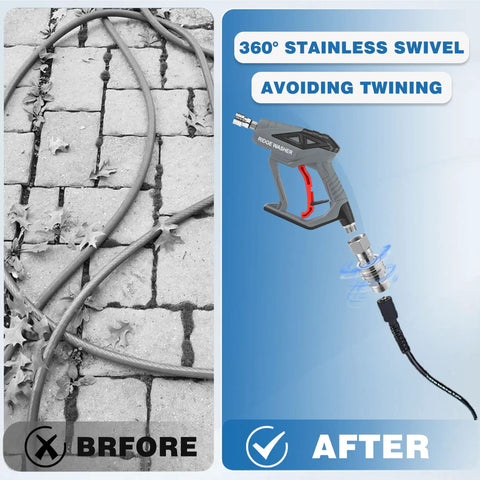 Stainless Steel Pressure Washer Swivel Adapter 360 Degree Quick Connect From M22 14mm To Three Eighth Inch For High Pressure Hoses Up To 5000 PSI Anti Tangle Design Heavy Duty Quick Disconnect Pack Of Four displayed with hose before and after effect.
