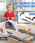 Child playing with 9.86Ft 2-In-1 Slot Car Track Set With Four Cars Dual Racing Mode Battery Or Electric Power Includes Lap Counter And Flash Circular Track Great Gift For Boys Birthday Xmas Toy Car Racing shown with LED lights.