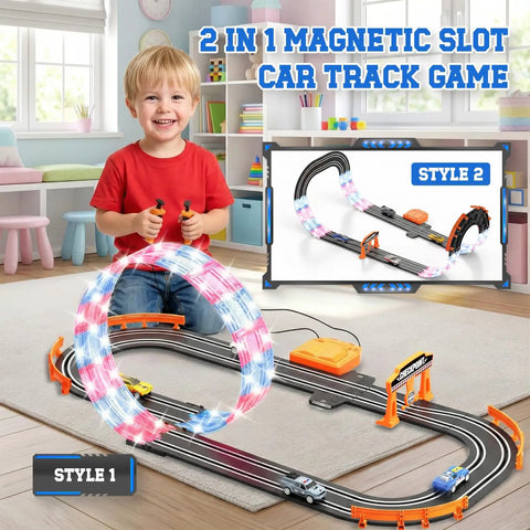 Child playing with 9.86Ft 2-In-1 Slot Car Track Set With Four Cars Dual Racing Mode Battery Or Electric Power Includes Lap Counter And Flash Circular Track Great Gift For Boys Birthday Xmas Toy Car Racing shown with LED lights.