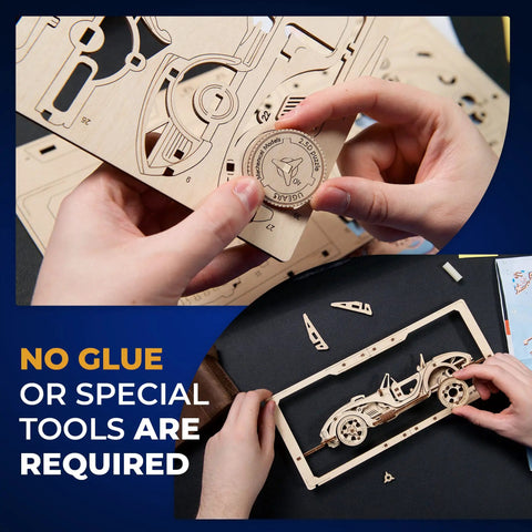 Hands assembling Roadster 2.5D Wooden Puzzle Kit With Movable Parts Frame For Wall Display And Hands On Adult Build