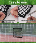 6 Pack Universal Sports Net Repair Kit With 100 Nylon Zip Ties And 20x20cm Net Patches For Soccer Hockey Football Golf Baseball Nets And Batting Cages Quick Fix in use on a sports net showing repair process.