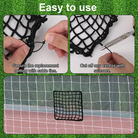 6 Pack Universal Sports Net Repair Kit With 100 Nylon Zip Ties And 20x20cm Net Patches For Soccer Hockey Football Golf Baseball Nets And Batting Cages Quick Fix in use on a sports net showing repair process.