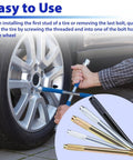Man using 10 Piece Pro DIY Wheel Alignment Tool Kit With Steel Alloy Lug Bolt Mounting And Stud Pin Set on car wheel