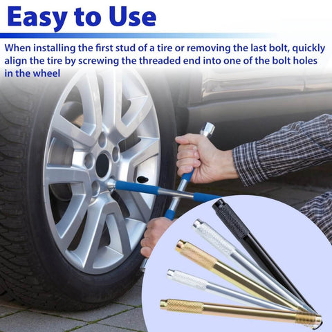 Man using 10 Piece Pro DIY Wheel Alignment Tool Kit With Steel Alloy Lug Bolt Mounting And Stud Pin Set on car wheel