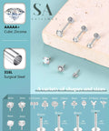 Assorted surgical steel cubic zirconia nose studs in multiple shapes and sizes, displayed on a textured surface.