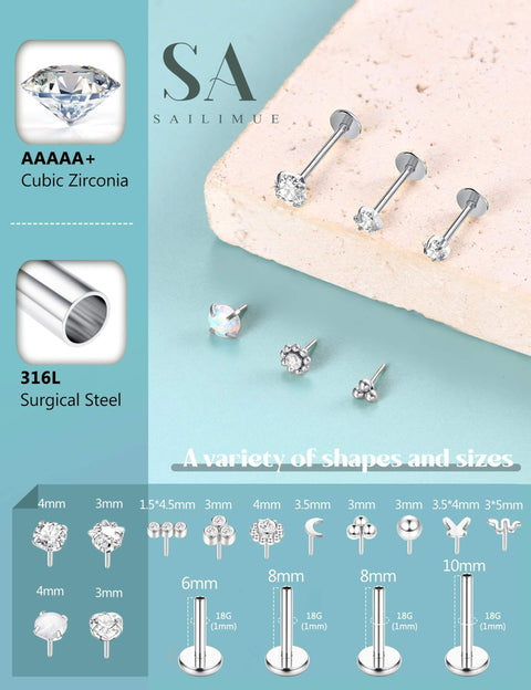 Assorted surgical steel cubic zirconia nose studs in multiple shapes and sizes, displayed on a textured surface.